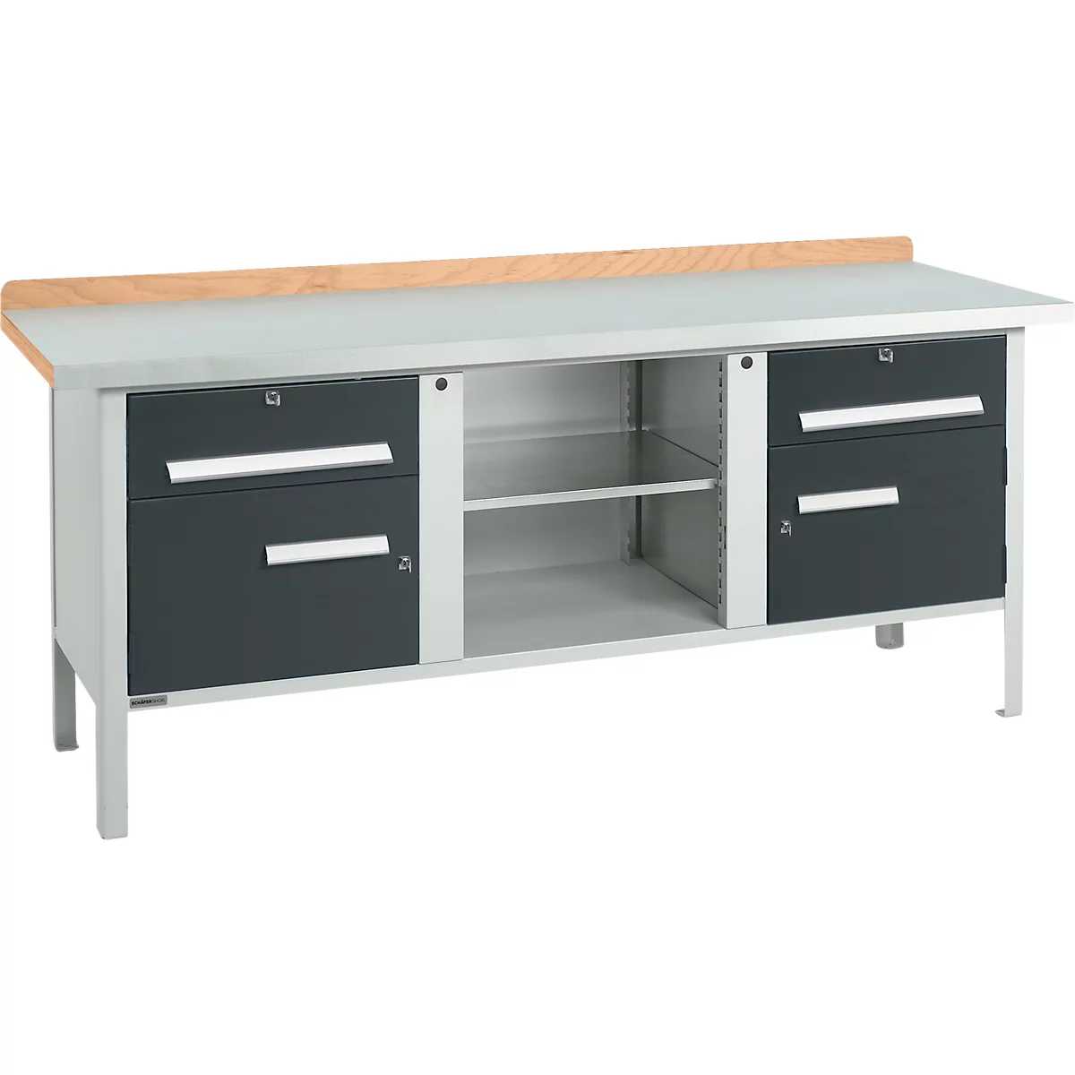 Kastenwerkbank Schäfer Shop Select PW 200-0, Buche Multiplexplatte, mit Stahlabdeckung, bis 750 kg, B 2000 x T 700 x H 840 mm, Anthrazit