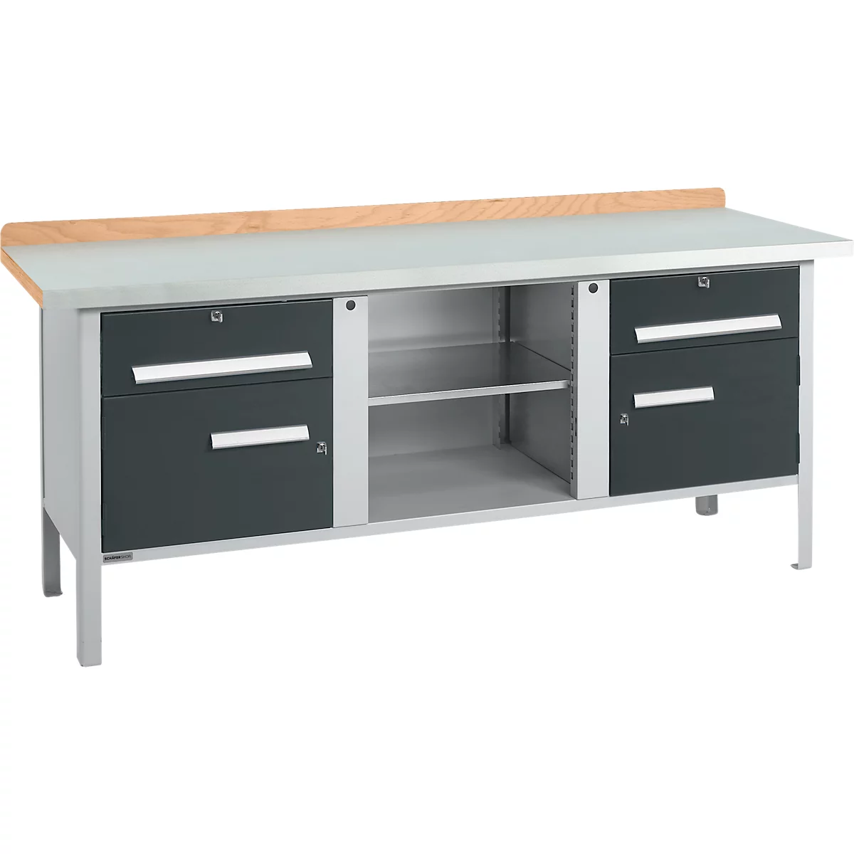 Kastenwerkbank Schäfer Shop Select PW 200-0, Buche Multiplexplatte, mit Stahlabdeckung, bis 750 kg, B 2000 x T 700 x H 840 mm, Anthrazit