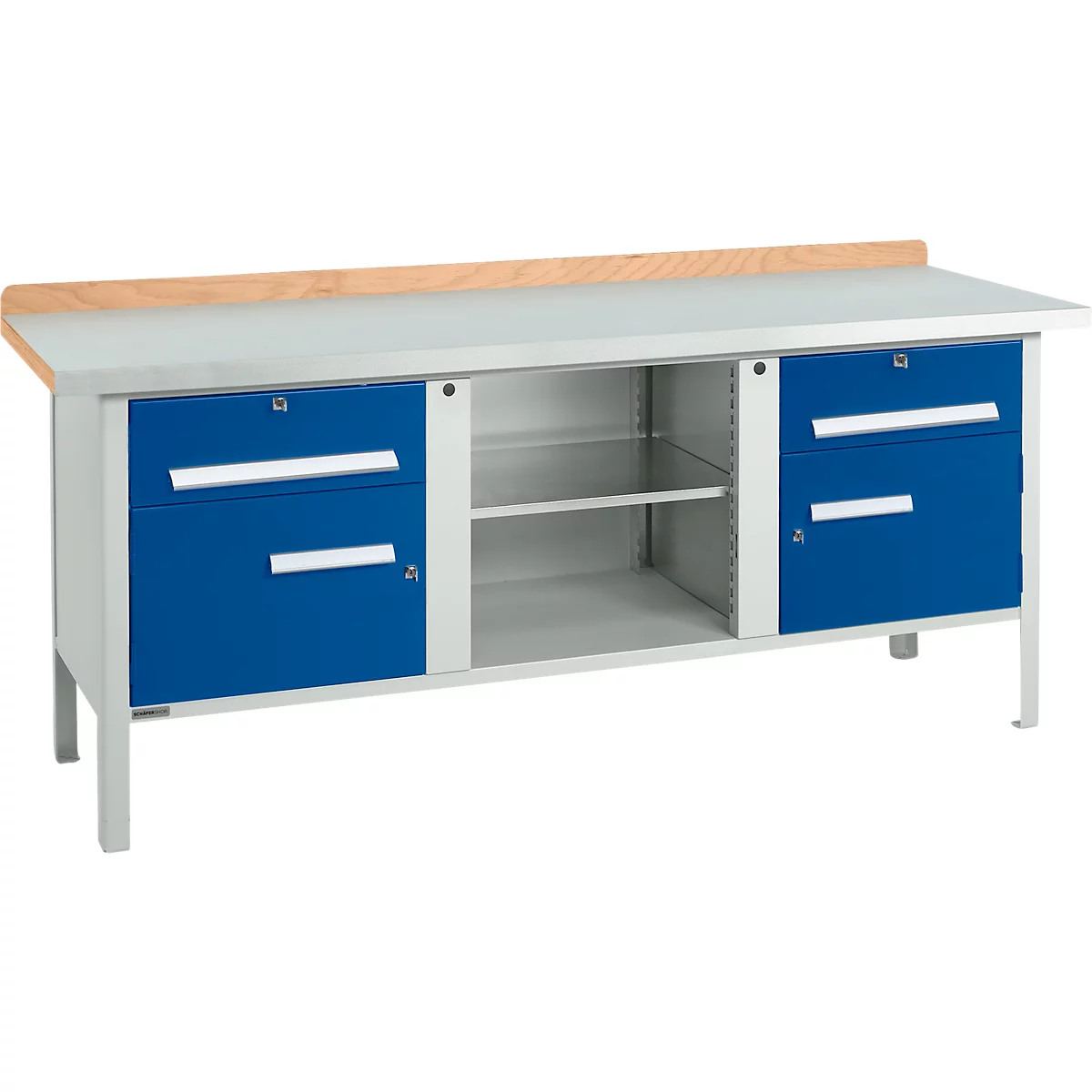 Kastenwerkbank Schäfer Shop Select PW 200-0, Buche Multiplexplatte, mit Stahlabdeckung, bis 750 kg, B 2000 x T 700 x H 840 mm, Enzianblau