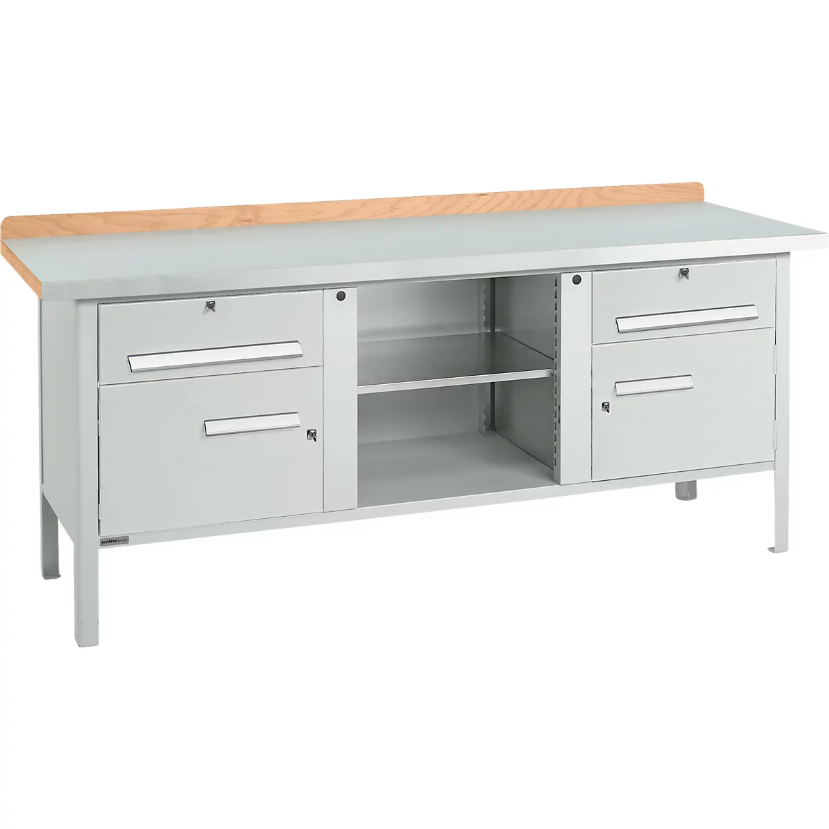 Kastenwerkbank Schäfer Shop Select PW 200-0, Buche Multiplexplatte, mit Stahlabdeckung, bis 750 kg, B 2000 x T 700 x H 840 mm, Lichtgrau