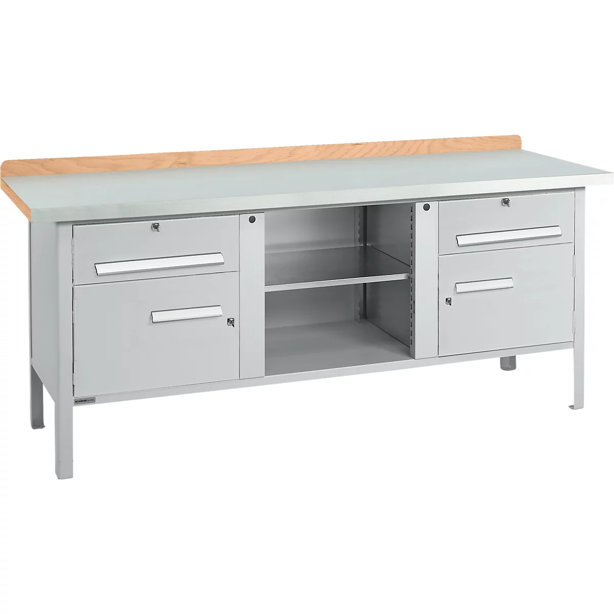 Kastenwerkbank Schäfer Shop Select PW 200-0, Buche Multiplexplatte, mit Stahlabdeckung, bis 750 kg, B 2000 x T 700 x H 840 mm, Weißaluminium