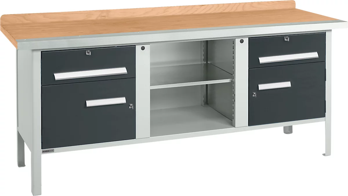 Kastenwerkbank Schäfer Shop Select PW 200-0, Buche Multiplexplatte, mit Stahlkante, bis 750 kg, B 2000 x T 700 x H 840 mm, Anthrazit