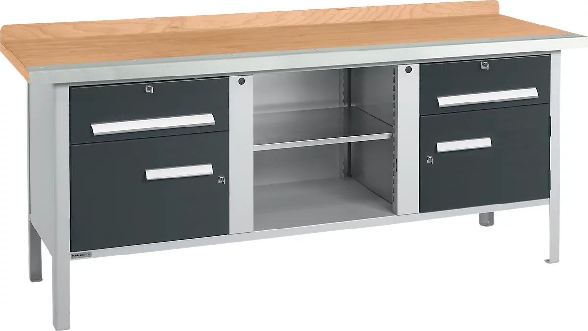 Kastenwerkbank Schäfer Shop Select PW 200-0, Buche Multiplexplatte, mit Stahlkante, bis 750 kg, B 2000 x T 700 x H 840 mm, Anthrazit