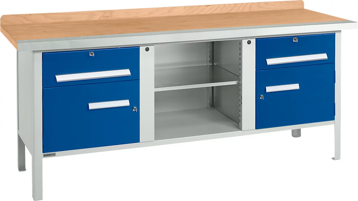 Kastenwerkbank Schäfer Shop Select PW 200-0, Buche Multiplexplatte, mit Stahlkante, bis 750 kg, B 2000 x T 700 x H 840 mm, Enzianblau
