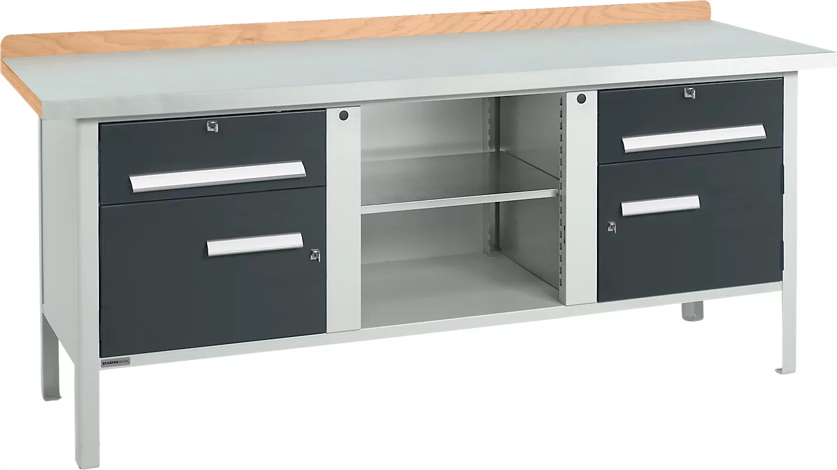 Kastenwerkbank Schäfer Shop Select PW 200-0, ESD, Buche Multiplexplatte, mit Stahlabdeckung, bis 750 kg, B 2000 x T 700 x H 840 mm, Anthrazit