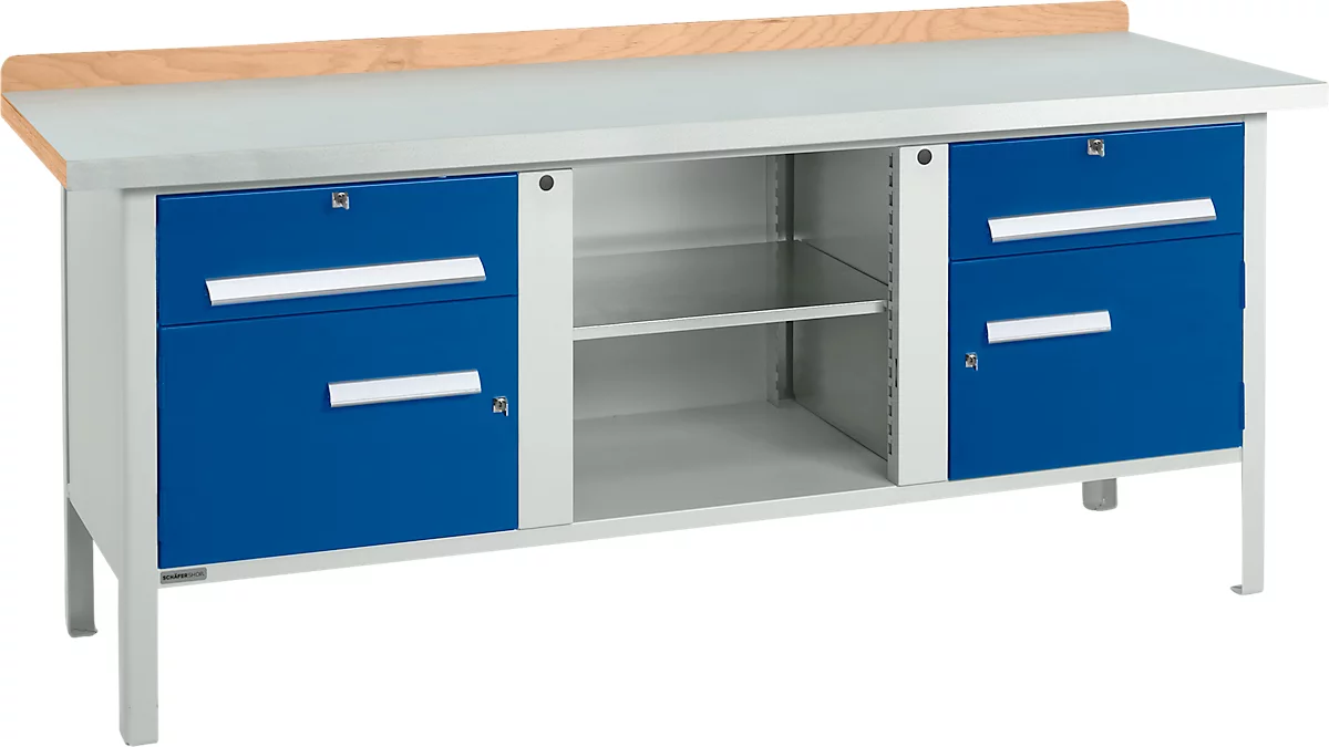 Kastenwerkbank Schäfer Shop Select PW 200-0, ESD, Buche Multiplexplatte, mit Stahlabdeckung, bis 750 kg, B 2000 x T 700 x H 840 mm, Enzianblau