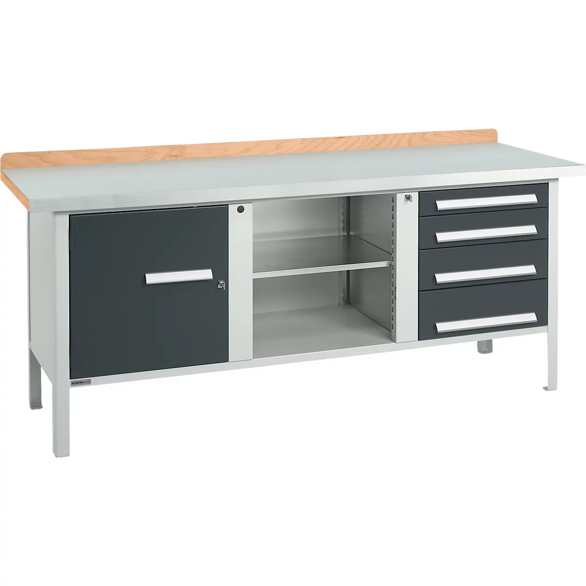Kastenwerkbank Schäfer Shop Select PW 200-1, Buche Multiplexplatte, mit Stahlabdeckung, bis 750 kg, B 2000 x T 700 x H 840 mm, Anthrazit
