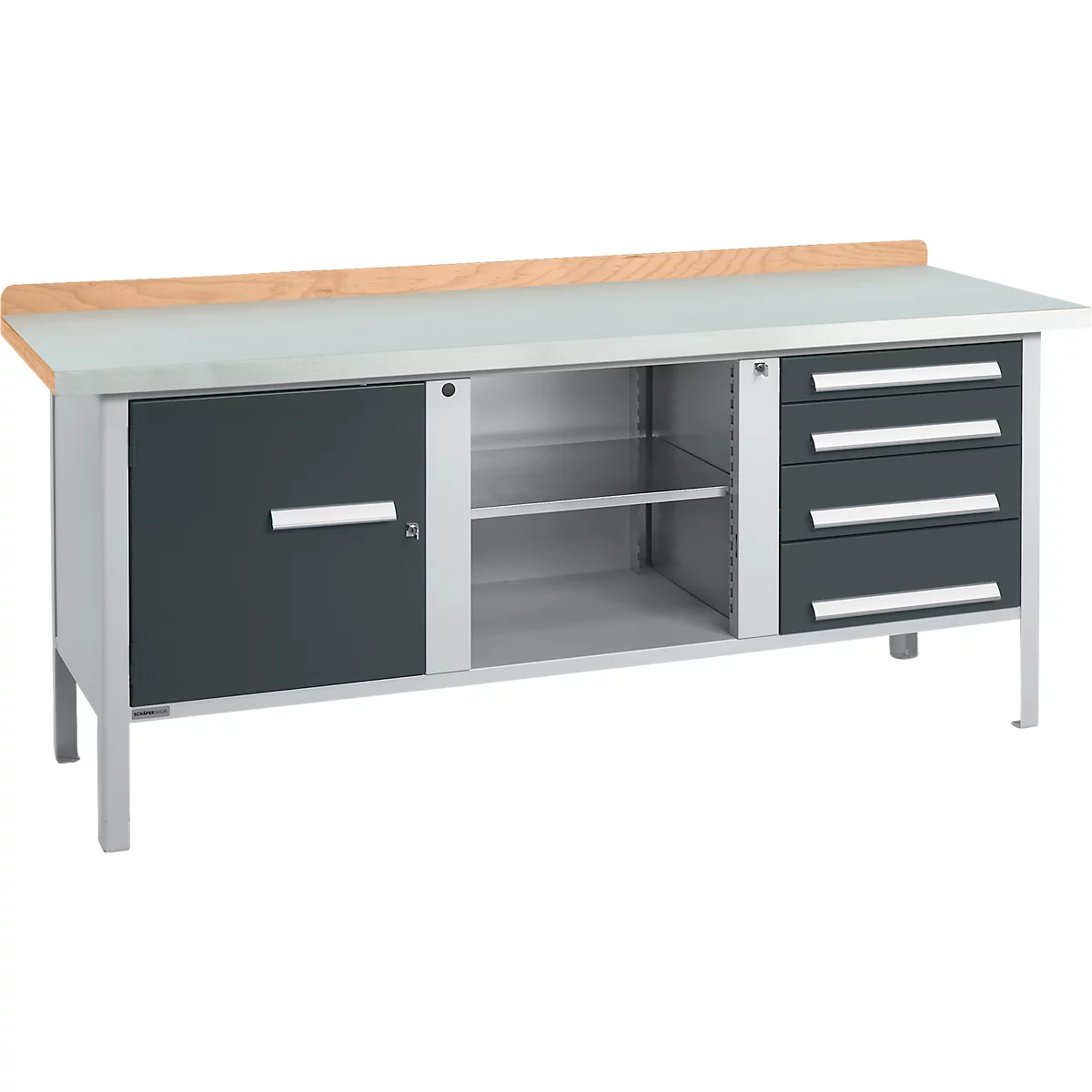 Kastenwerkbank Schäfer Shop Select PW 200-1, Buche Multiplexplatte, mit Stahlabdeckung, bis 750 kg, B 2000 x T 700 x H 840 mm, Anthrazit