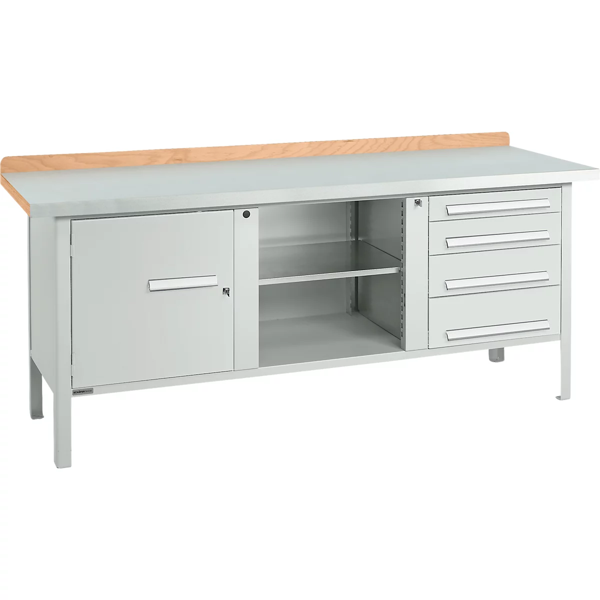 Kastenwerkbank Schäfer Shop Select PW 200-1, Buche Multiplexplatte, mit Stahlabdeckung, bis 750 kg, B 2000 x T 700 x H 840 mm, Lichtgrau