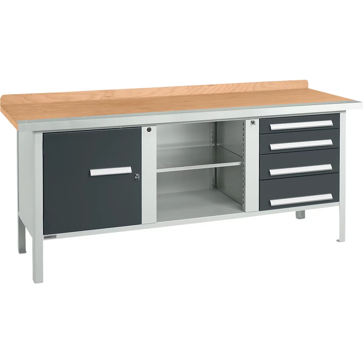 Kastenwerkbank Schäfer Shop Select PW 200-1, Buche Multiplexplatte, mit Stahlkante, bis 750 kg, B 2000 x T 700 x H 840 mm, Anthrazit
