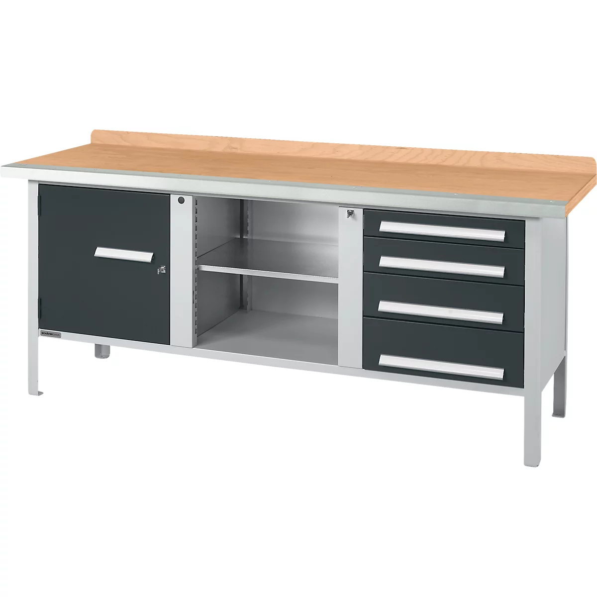 Kastenwerkbank Schäfer Shop Select PW 200-1, Buche Multiplexplatte, mit Stahlkante, bis 750 kg, B 2000 x T 700 x H 840 mm, Anthrazit