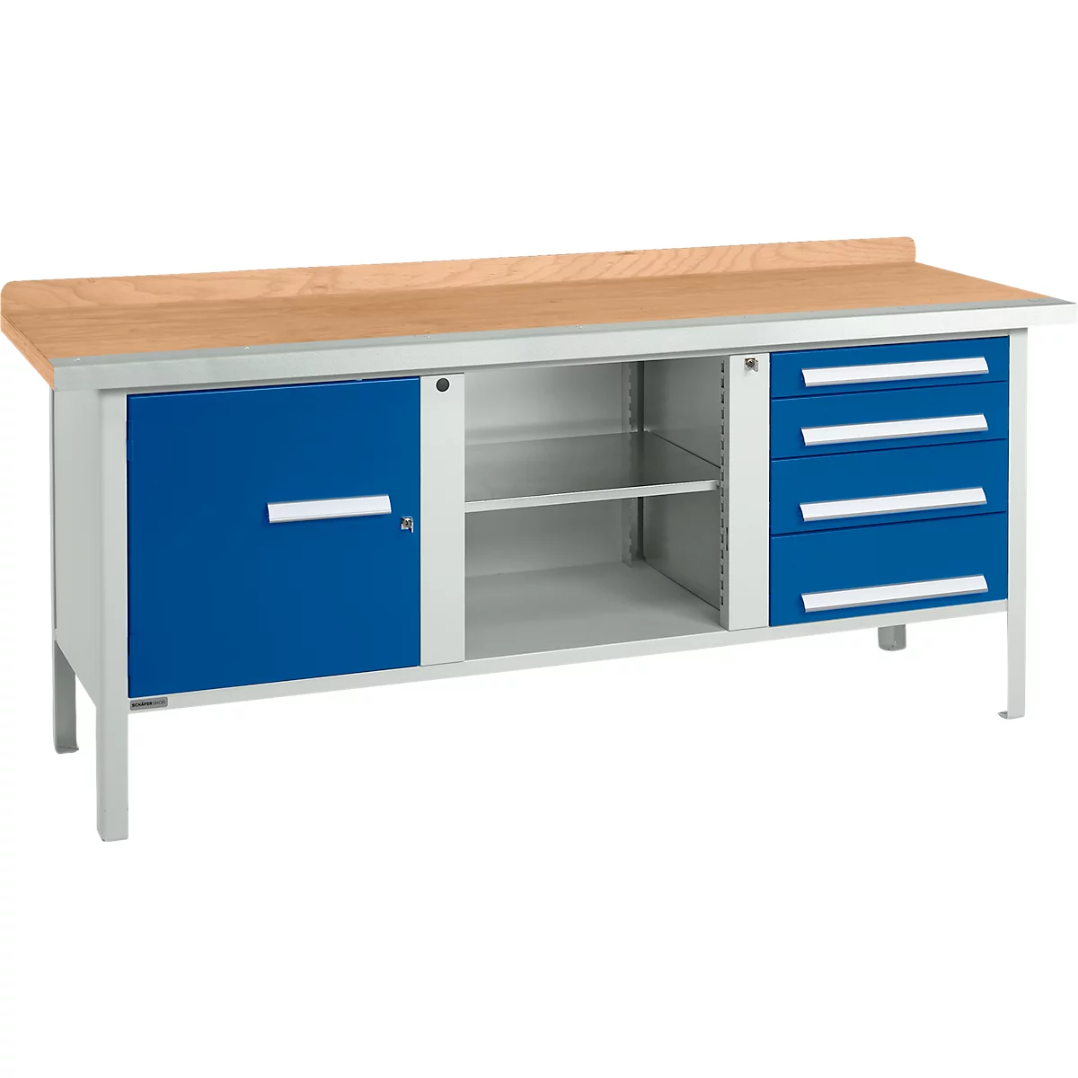 Kastenwerkbank Schäfer Shop Select PW 200-1, Buche Multiplexplatte, mit Stahlkante, bis 750 kg, B 2000 x T 700 x H 840 mm, Enzianblau