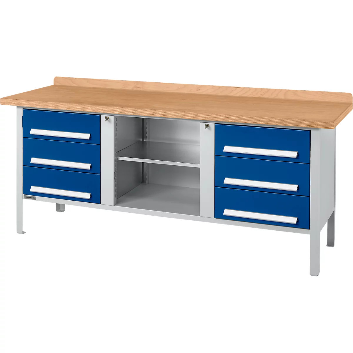Kastenwerkbank Schäfer Shop Select PW 200-2, Buche Multiplexplatte, bis 750 kg, B 2000 x T 700 x H 840 mm, Enzianblau