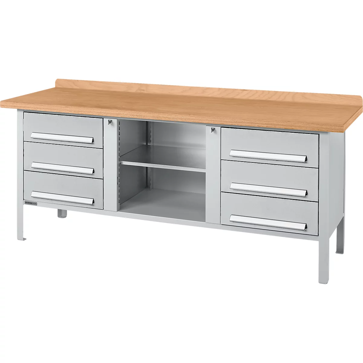 Kastenwerkbank Schäfer Shop Select PW 200-2, Buche Multiplexplatte, bis 750 kg, B 2000 x T 700 x H 840 mm, Weißaluminium