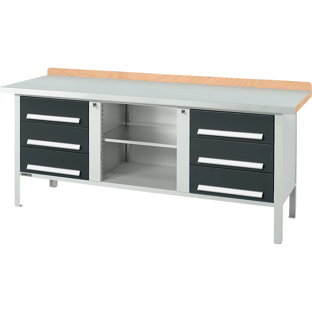 Kastenwerkbank Schäfer Shop Select PW 200-2, Buche Multiplexplatte, mit Stahlabdeckung, bis 750 kg, B 2000 x T 700 x H 840 mm, Anthrazit