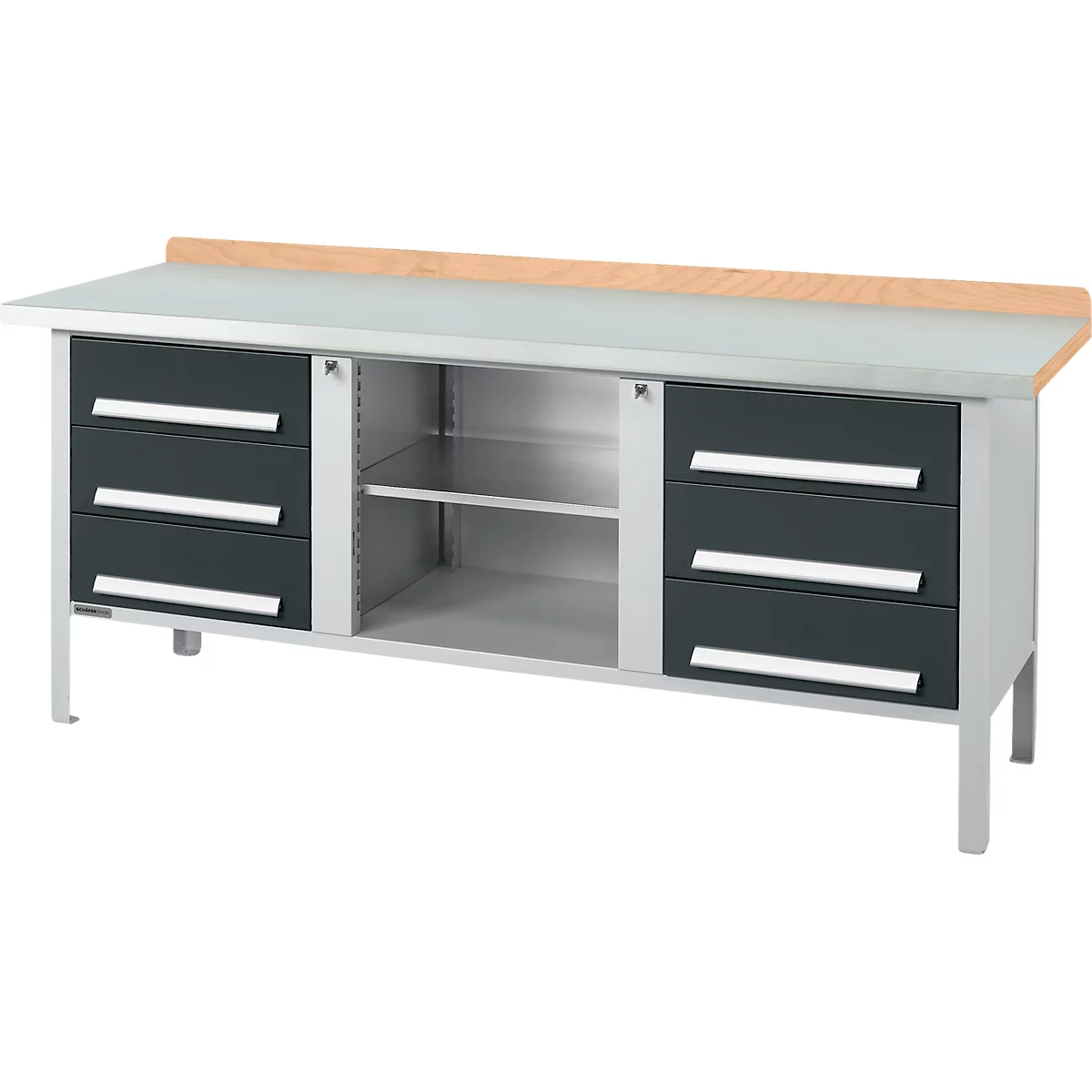 Kastenwerkbank Schäfer Shop Select PW 200-2, Buche Multiplexplatte, mit Stahlabdeckung, bis 750 kg, B 2000 x T 700 x H 840 mm, Anthrazit