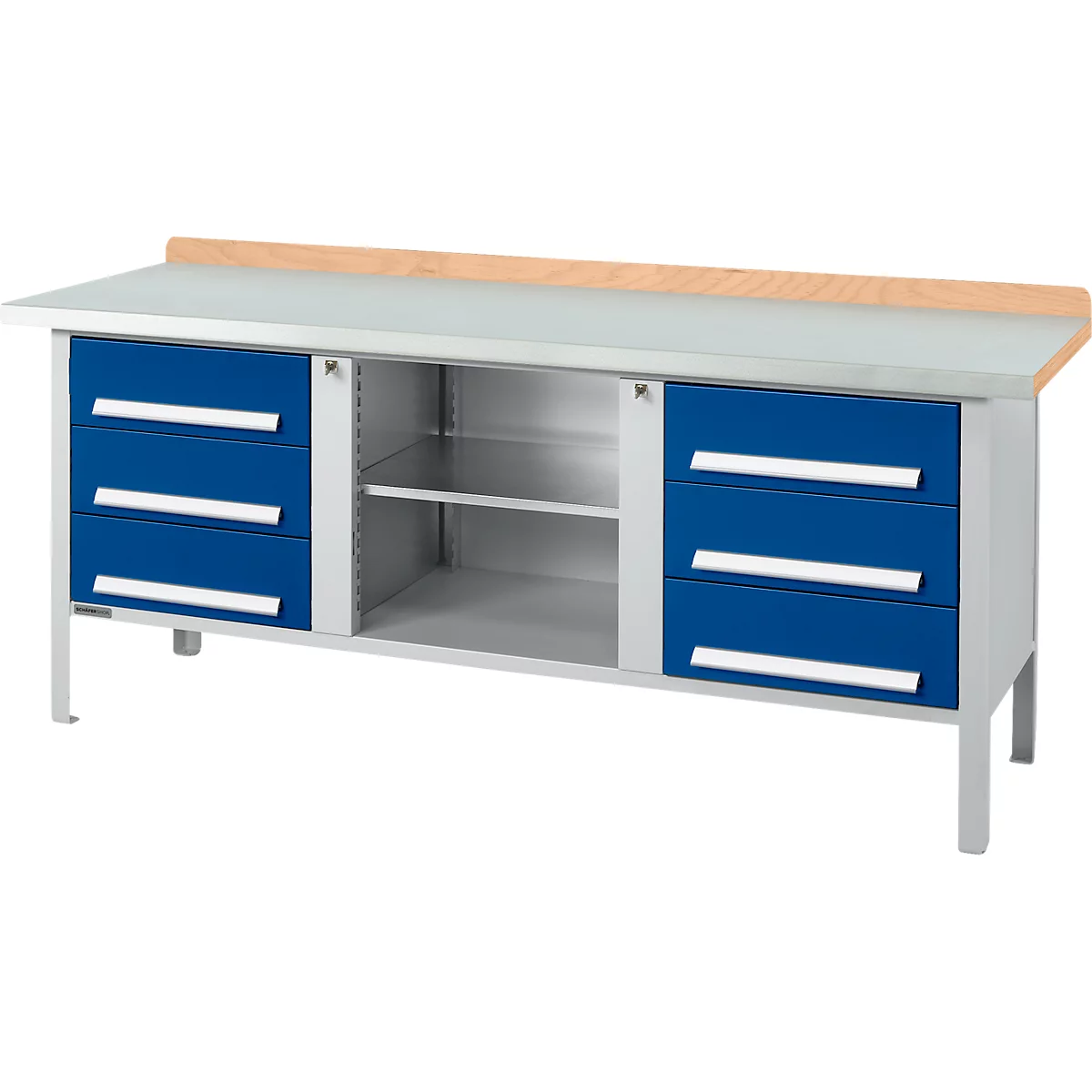 Kastenwerkbank Schäfer Shop Select PW 200-2, Buche Multiplexplatte, mit Stahlabdeckung, bis 750 kg, B 2000 x T 700 x H 840 mm, Enzianblau