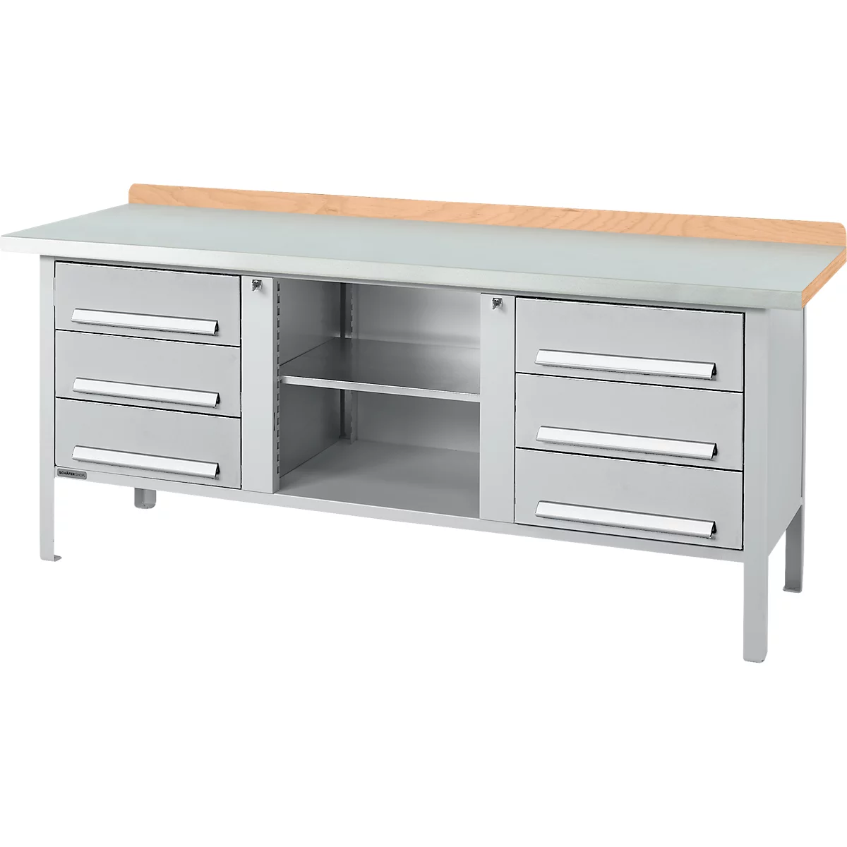 Kastenwerkbank Schäfer Shop Select PW 200-2, Buche Multiplexplatte, mit Stahlabdeckung, bis 750 kg, B 2000 x T 700 x H 840 mm, Weißaluminium