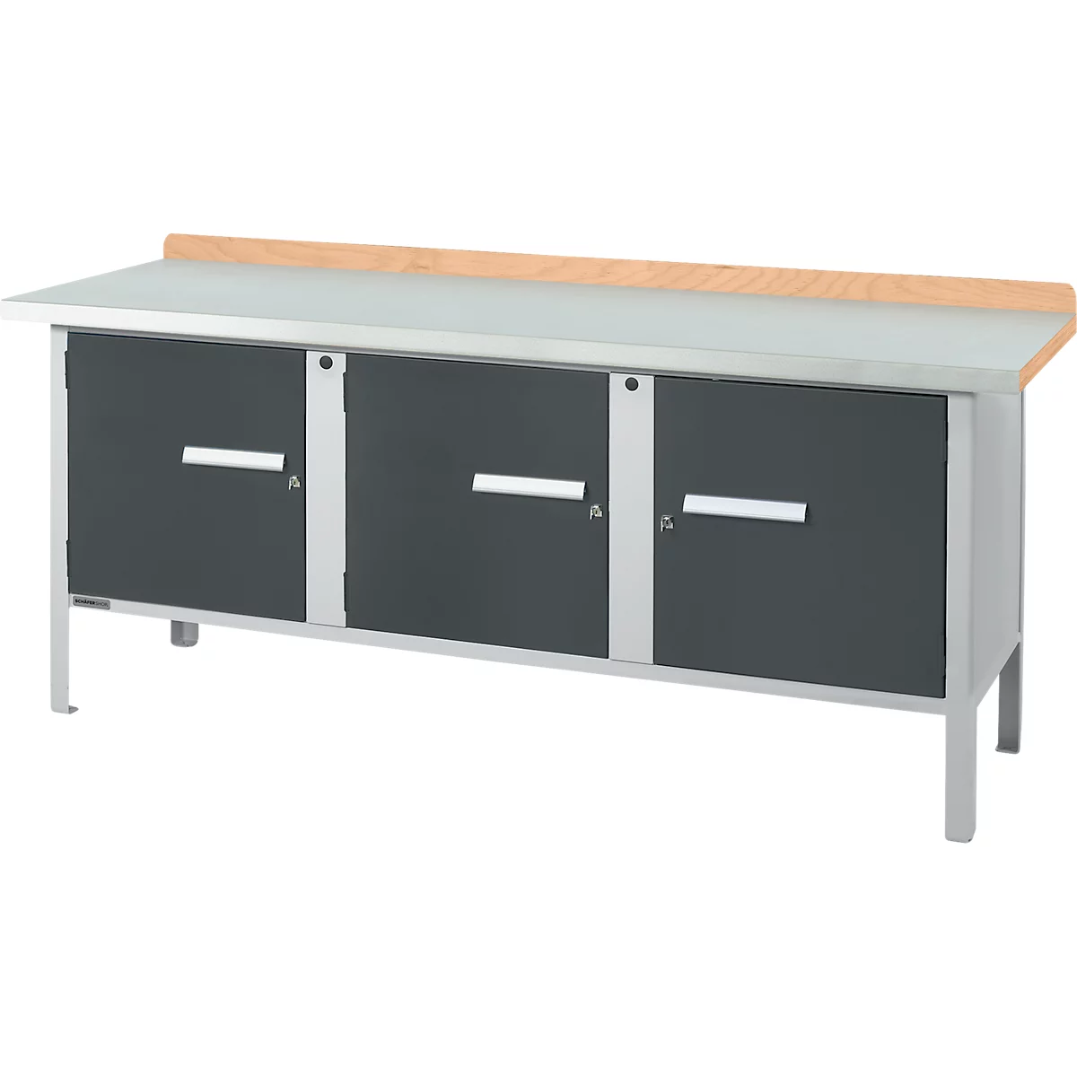 Kastenwerkbank Schäfer Shop Select PW 200-3, Buche Multiplexplatte, mit Stahlabdeckung, bis 750 kg, B 2000 x T 700 x H 840 mm, Anthrazit