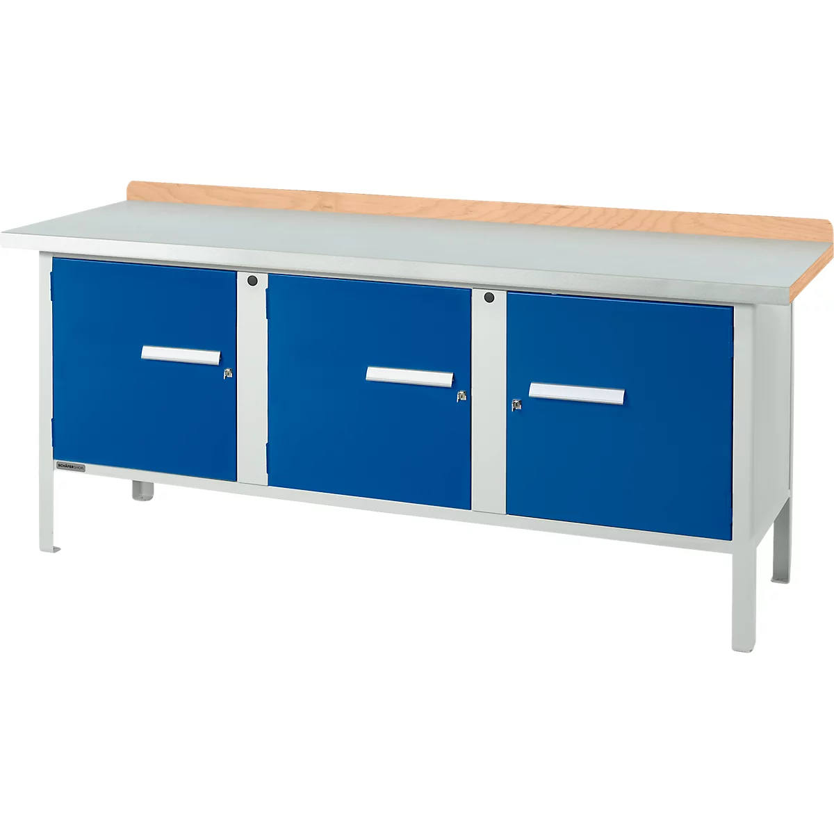 Kastenwerkbank Schäfer Shop Select PW 200-3, Buche Multiplexplatte, mit Stahlabdeckung, bis 750 kg, B 2000 x T 700 x H 840 mm, Enzianblau