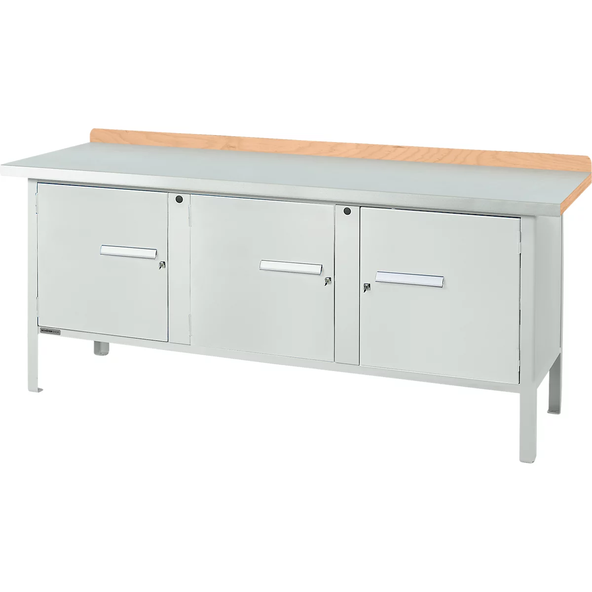 Kastenwerkbank Schäfer Shop Select PW 200-3, Buche Multiplexplatte, mit Stahlabdeckung, bis 750 kg, B 2000 x T 700 x H 840 mm, Lichtgrau
