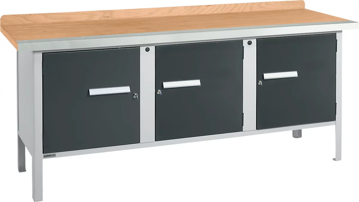 Kastenwerkbank Schäfer Shop Select PW 200-3, Buche Multiplexplatte, mit Stahlkante, bis 750 kg, B 2000 x T 700 x H 840 mm, Anthrazit