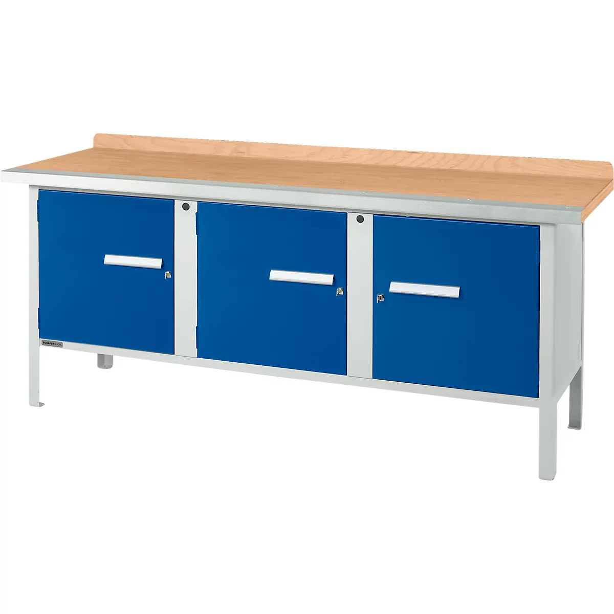 Werkbank mit blauen Türen, hellem Holz und Metallgestell.