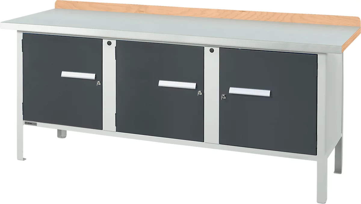 Kastenwerkbank Schäfer Shop Select PW 200-3, ESD, Buche Multiplexplatte, mit Stahlabdeckung, bis 750 kg, B 2000 x T 700 x H 840 mm, Anthrazit