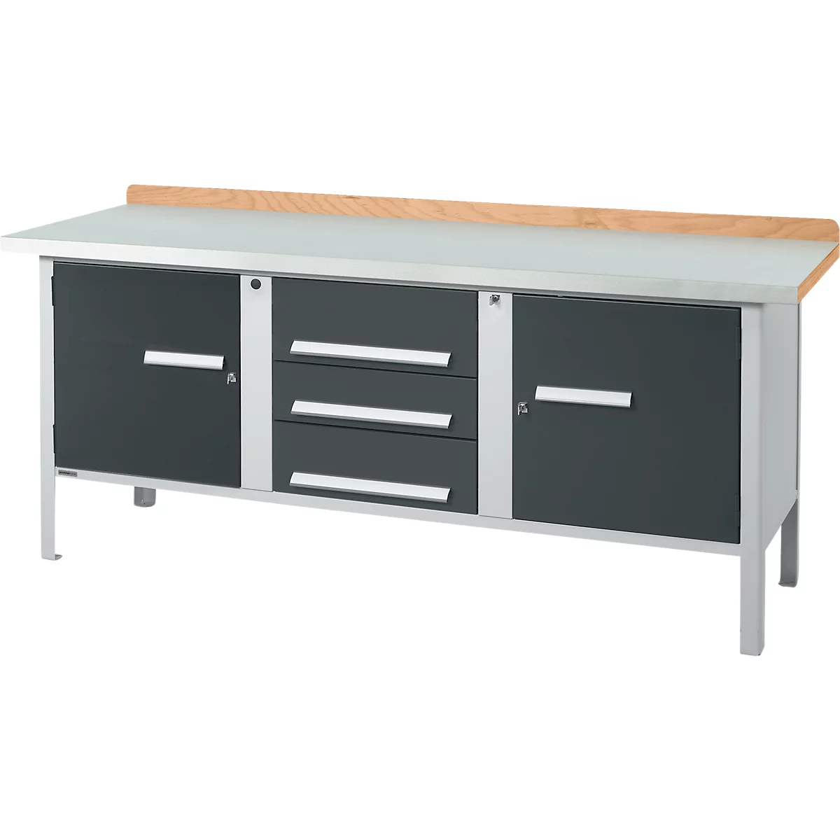 Kastenwerkbank Schäfer Shop Select PW 200-4, Buche Multiplexplatte, mit Stahlabdeckung, bis 750 kg, B 2000 x T 700 x H 840 mm, Anthrazit