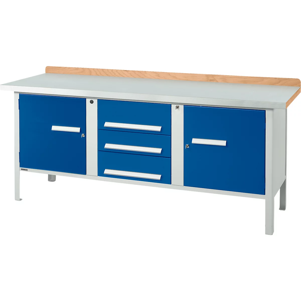 Kastenwerkbank Schäfer Shop Select PW 200-4, Buche Multiplexplatte, mit Stahlabdeckung, bis 750 kg, B 2000 x T 700 x H 840 mm, Enzianblau