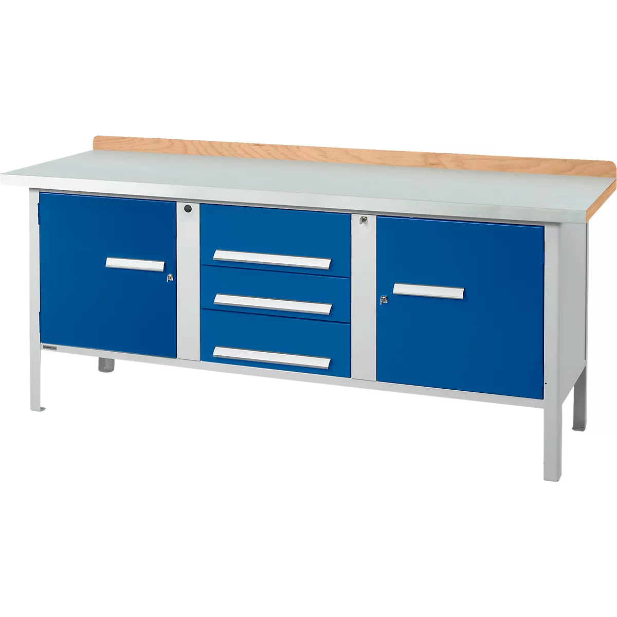 Kastenwerkbank Schäfer Shop Select PW 200-4, Buche Multiplexplatte, mit Stahlabdeckung, bis 750 kg, B 2000 x T 700 x H 840 mm, Enzianblau