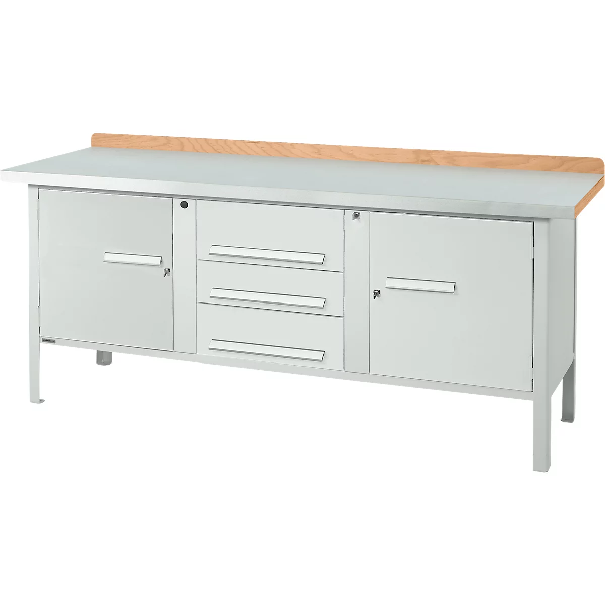Kastenwerkbank Schäfer Shop Select PW 200-4, Buche Multiplexplatte, mit Stahlabdeckung, bis 750 kg, B 2000 x T 700 x H 840 mm, Lichtgrau