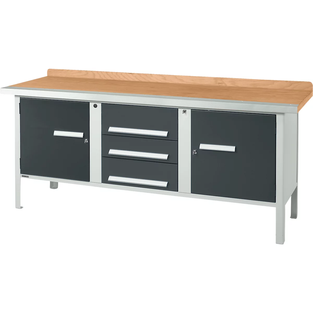 Kastenwerkbank Schäfer Shop Select PW 200-4, Buche Multiplexplatte, mit Stahlkante, bis 750 kg, B 2000 x T 700 x H 840 mm, Anthrazit