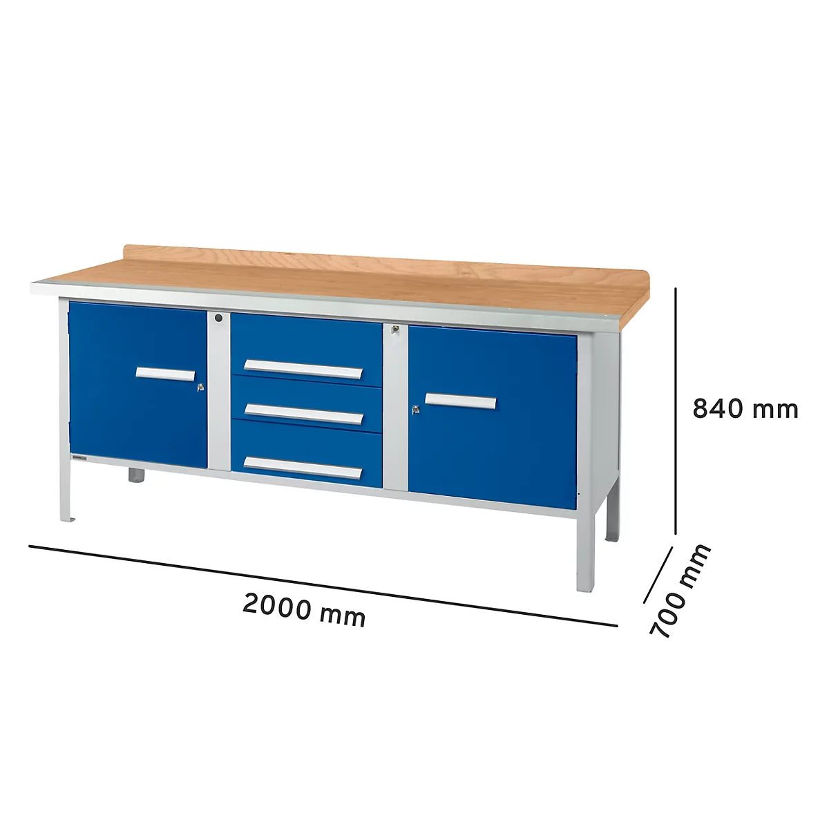 Werkbank mit blauen Türen und Schubladen, Holzarbeitsfläche, silbernen Beinen. Masse: 2000 x 840 x 700 mm.