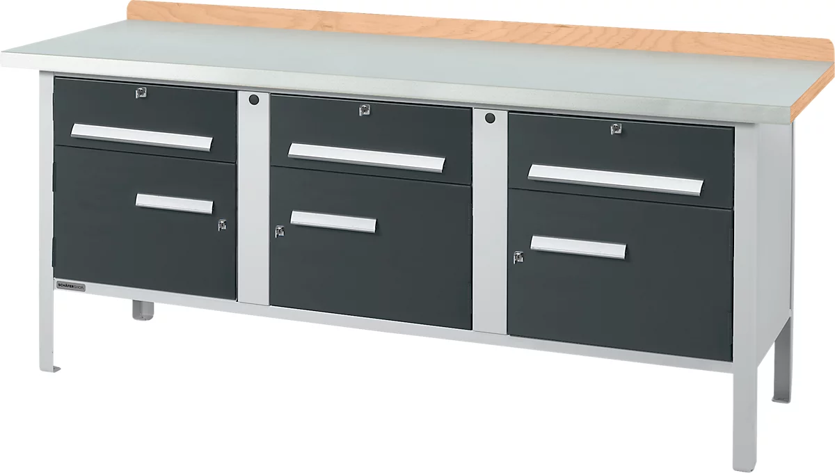 Kastenwerkbank Schäfer Shop Select PW 200-5, ESD, Buche Multiplexplatte, mit Stahlabdeckung, bis 750 kg, B 2000 x T 700 x H 840 mm, Anthrazit