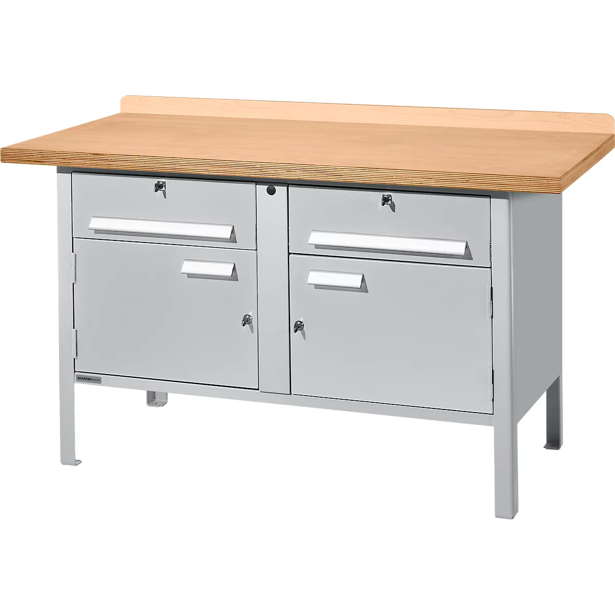Kastenwerkbank Schäfer Shop Select PWi 150-0, Buche Multiplexplatte, bis 750 kg, B 1500 x T 700 x H 840 mm, Weißaluminium