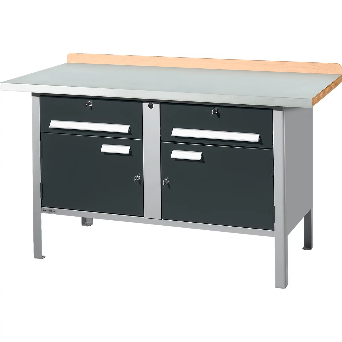 Kastenwerkbank Schäfer Shop Select PWi 150-0, Buche Multiplexplatte, mit Stahlabdeckung, bis 750 kg, B 1500 x T 700 x H 840 mm, Anthrazit