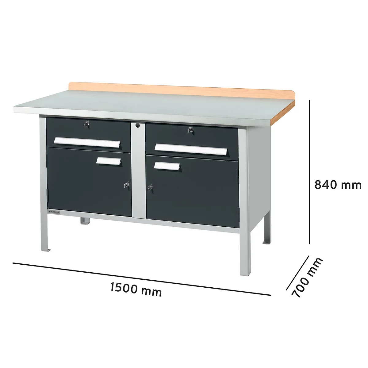 Werkbank mit grauer Metalloberfläche, zwei Schubladen und einer Holzplatte. Abmessungen: 1500 x 700 x 840 mm.