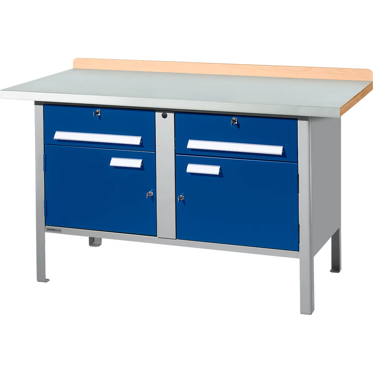 Kastenwerkbank Schäfer Shop Select PWi 150-0, Buche Multiplexplatte, mit Stahlabdeckung, bis 750 kg, B 1500 x T 700 x H 840 mm, Enzianblau