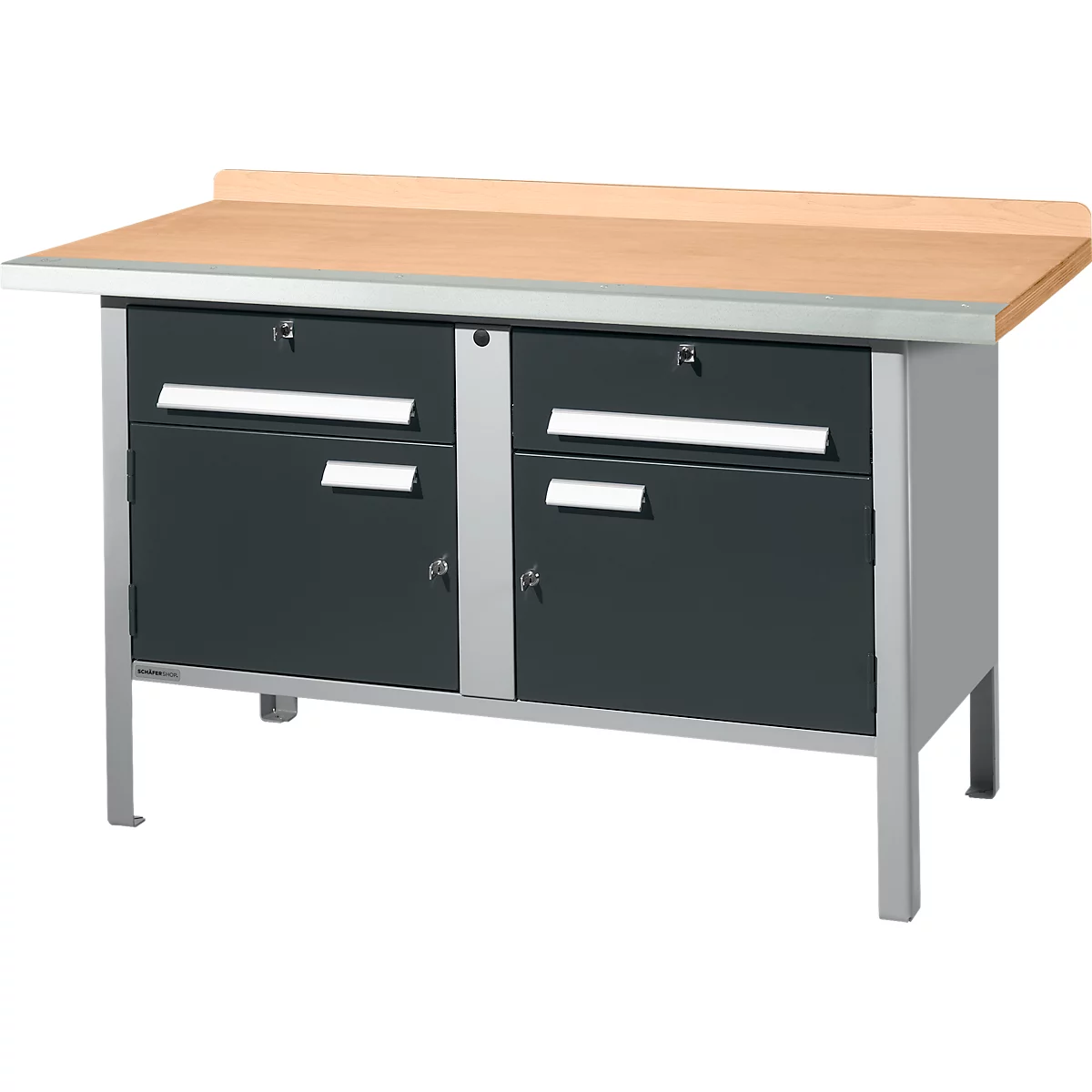 Werkbank mit Holzplatte, grauen Schubladen und Schranktüren.
