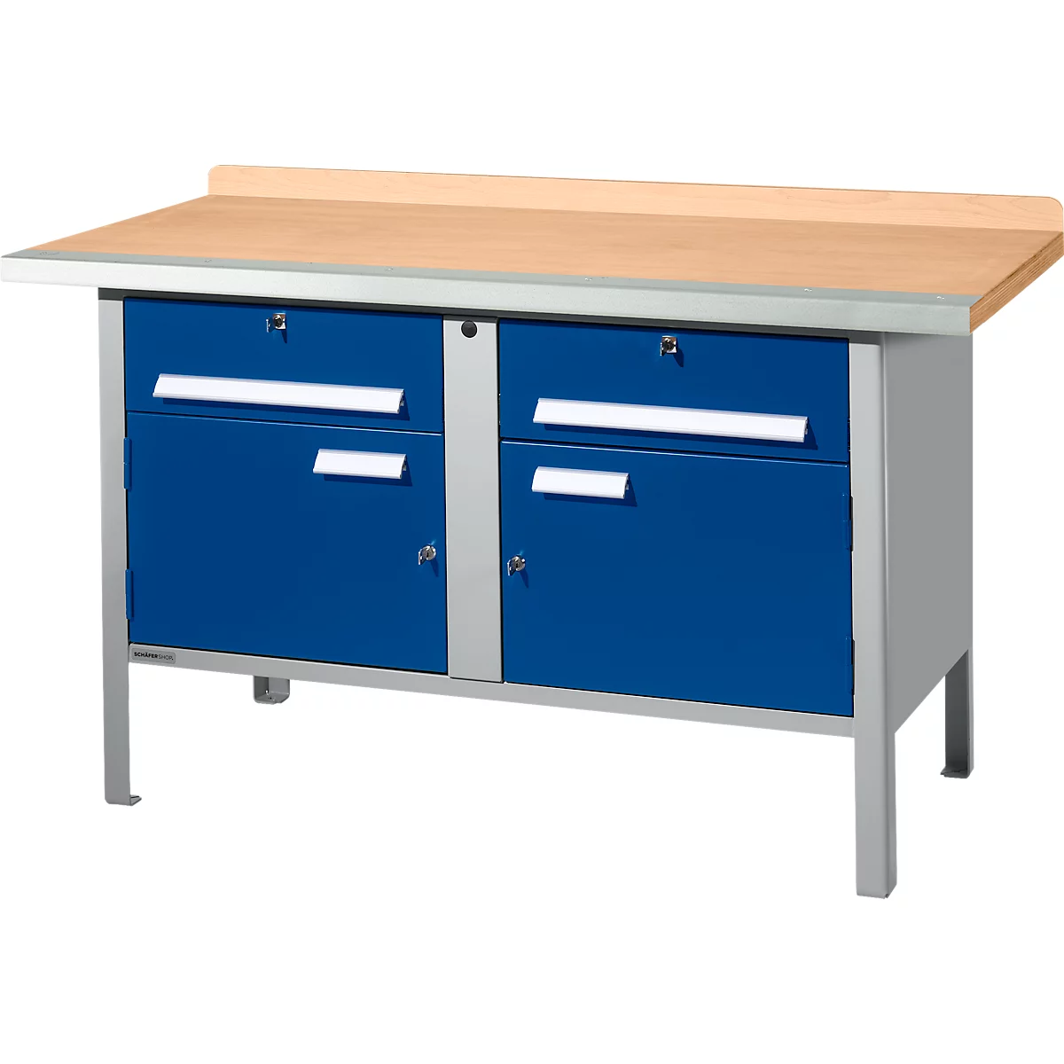 Werkbank mit blauem Schrankteil, heller Holzplatte und silbernen Beinen.