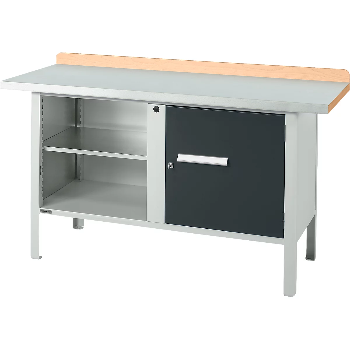 Kastenwerkbank Schäfer Shop Select PWi 150-1, Buche Multiplexplatte, mit Stahlabdeckung, bis 750 kg, B 1500 x T 700 x H 840 mm, Anthrazit