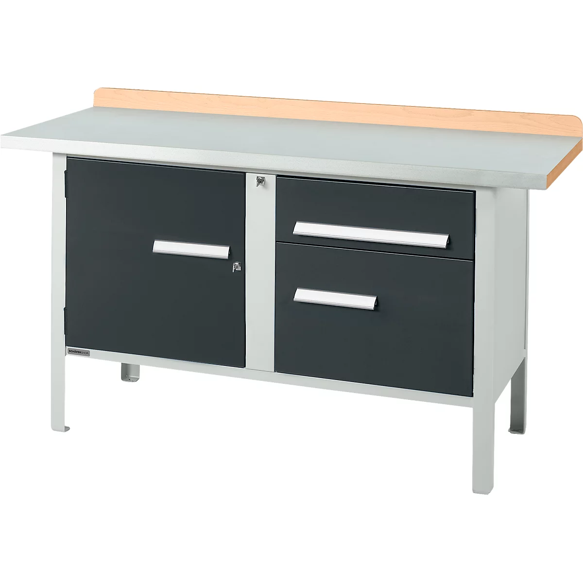 Kastenwerkbank Schäfer Shop Select PWi 150-3, Buche Multiplexplatte, mit Stahlabdeckung, bis 750 kg, B 1500 x T 700 x H 840 mm, Anthrazit