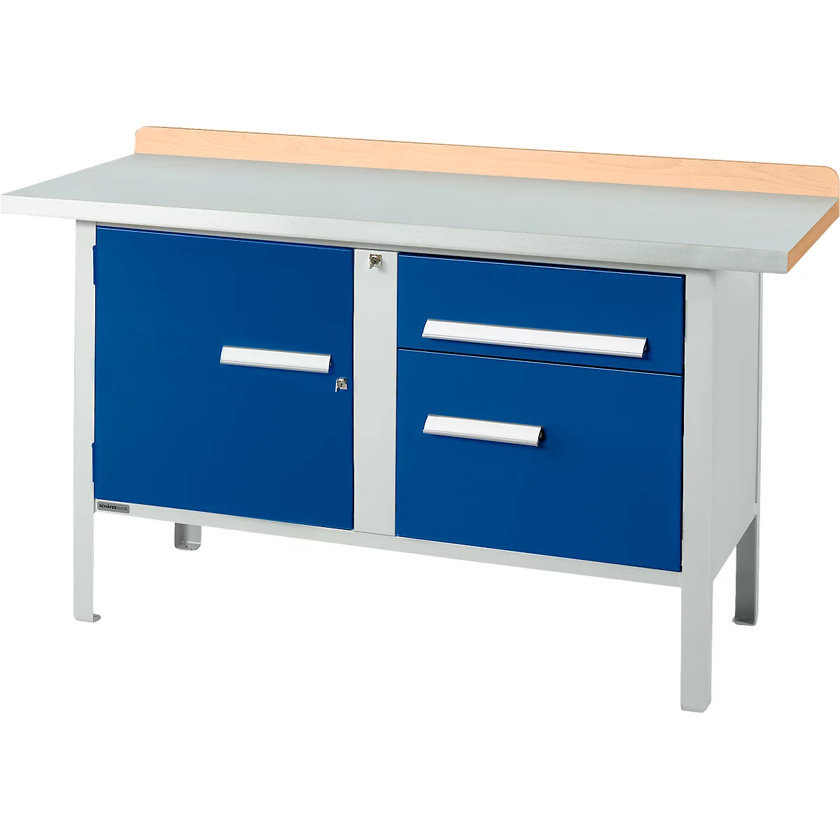 Kastenwerkbank Schäfer Shop Select PWi 150-3, Buche Multiplexplatte, mit Stahlabdeckung, bis 750 kg, B 1500 x T 700 x H 840 mm, Enzianblau