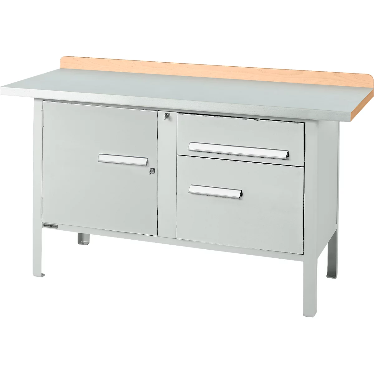 Kastenwerkbank Schäfer Shop Select PWi 150-3, Buche Multiplexplatte, mit Stahlabdeckung, bis 750 kg, B 1500 x T 700 x H 840 mm, Lichtgrau