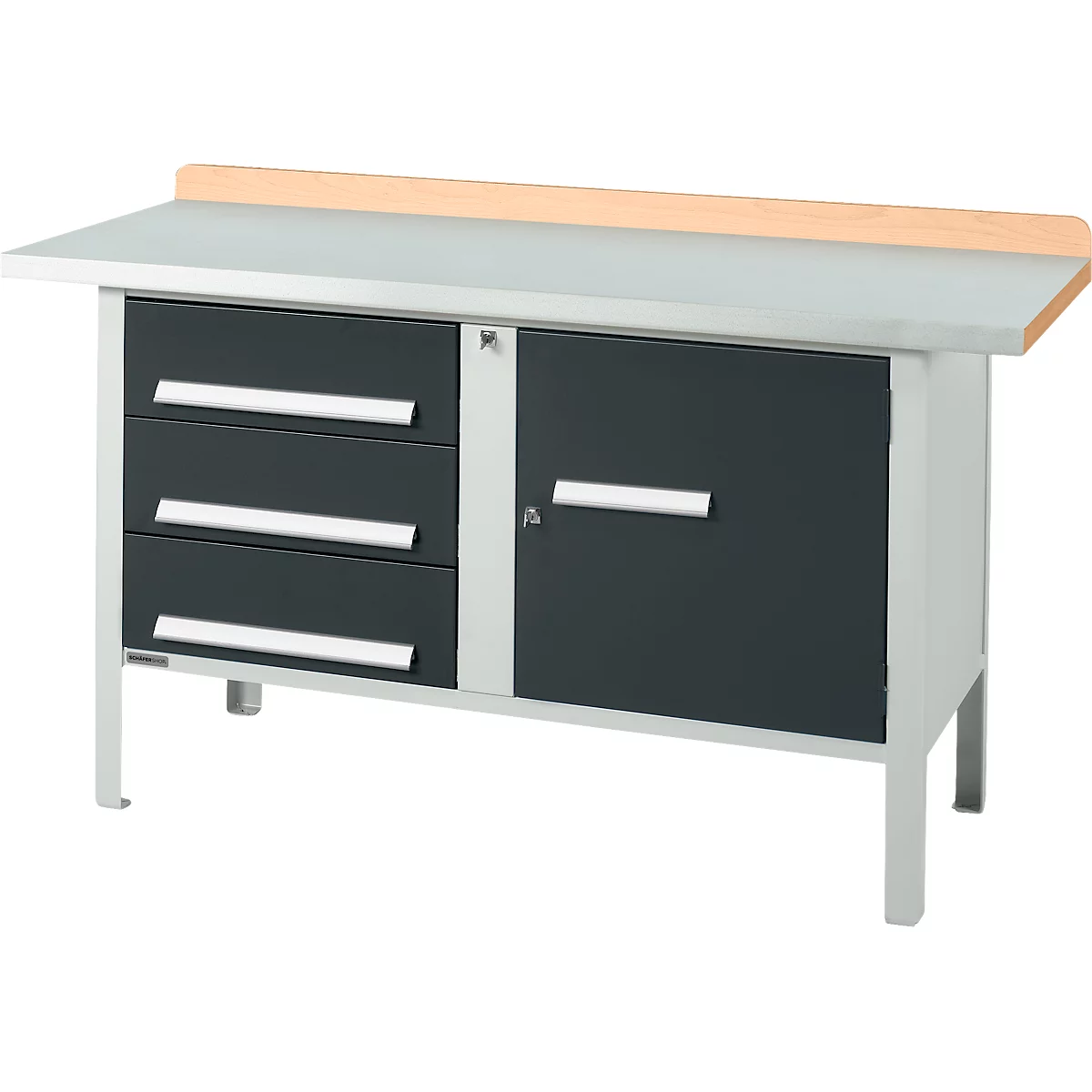 Kastenwerkbank Schäfer Shop Select PWi 150-4, Buche Multiplexplatte, mit Stahlabdeckung, bis 750 kg, B 1500 x T 700 x H 840 mm, Anthrazit