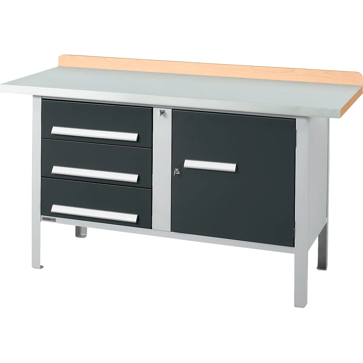 Kastenwerkbank Schäfer Shop Select PWi 150-4, Buche Multiplexplatte, mit Stahlabdeckung, bis 750 kg, B 1500 x T 700 x H 840 mm, Anthrazit