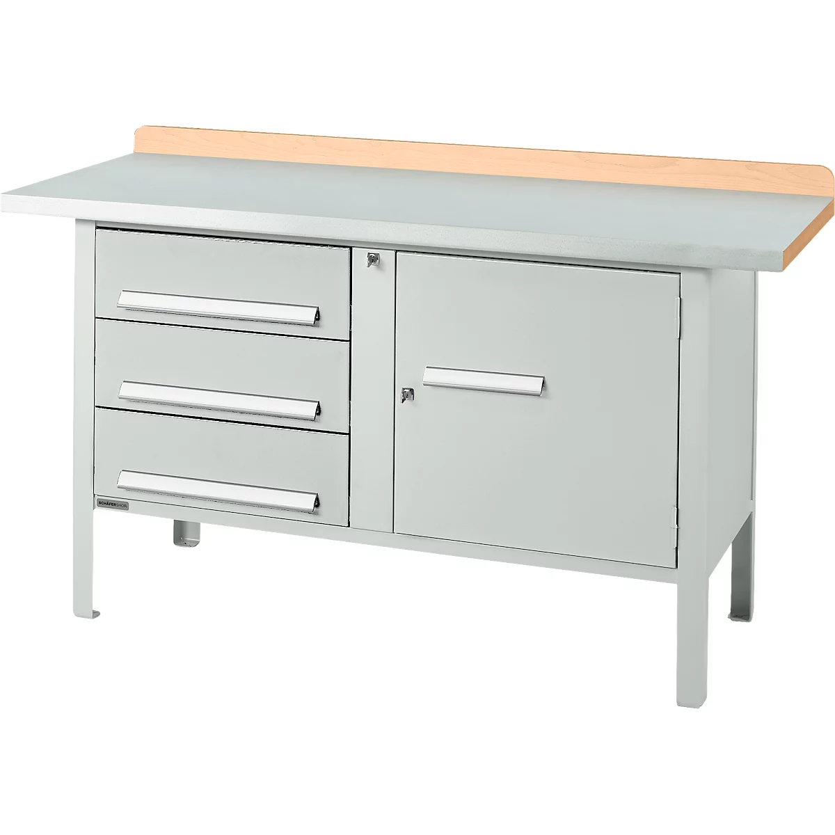 Kastenwerkbank Schäfer Shop Select PWi 150-4, Buche Multiplexplatte, mit Stahlabdeckung, bis 750 kg, B 1500 x T 700 x H 840 mm, Lichtgrau