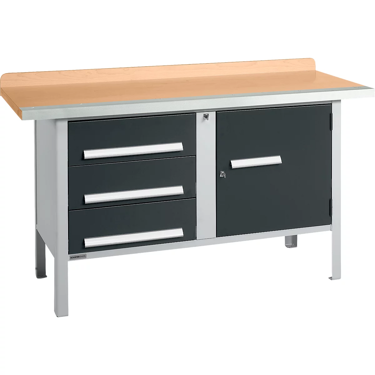 Kastenwerkbank Schäfer Shop Select PWi 150-4, Buche Multiplexplatte, mit Stahlkante, bis 750 kg, B 1500 x T 700 x H 840 mm, Anthrazit