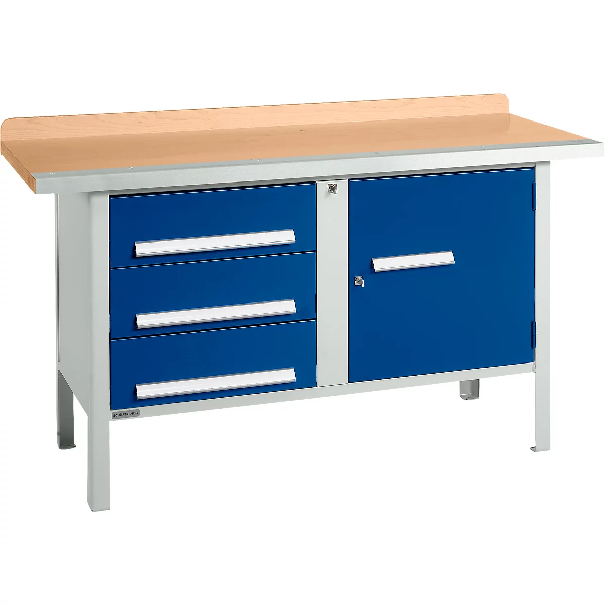 Kastenwerkbank Schäfer Shop Select PWi 150-4, Buche Multiplexplatte, mit Stahlkante, bis 750 kg, B 1500 x T 700 x H 840 mm, Enzianblau